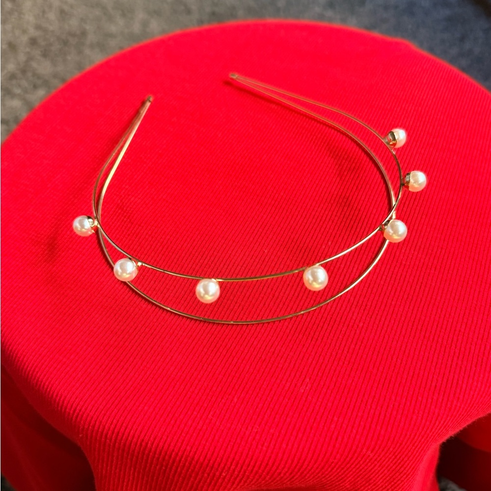 Gold Pearl Accent Double Wire Headband - Women Accessories